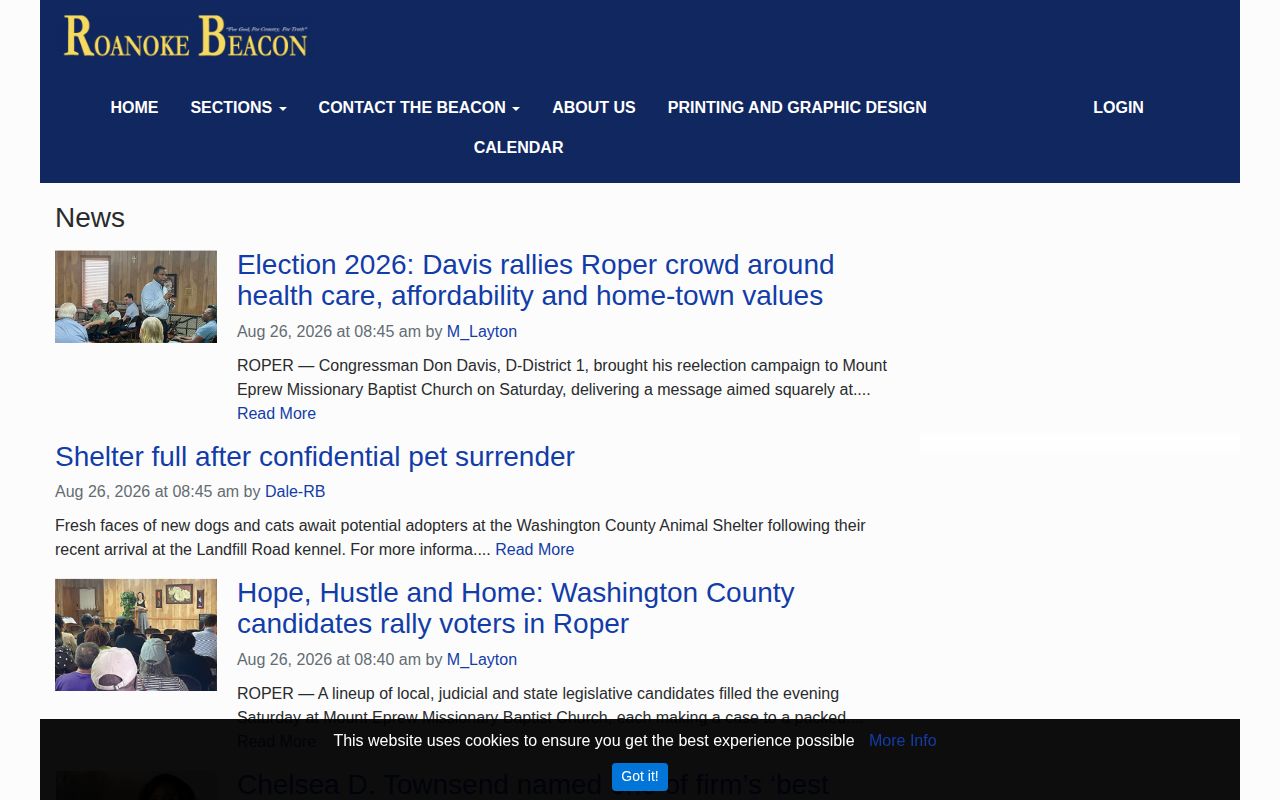 Roanoke Beacon news page with Roper, Washington County stories